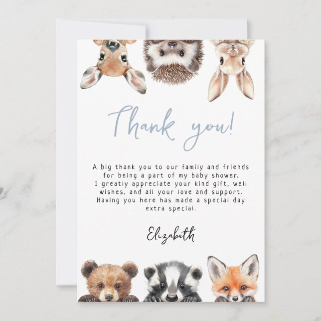 Blue Cute Woodland Forest Animals Baby Shower Thank You Card (Front)