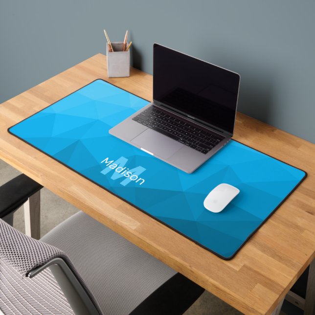 Blue cyan Geometric Mesh Pattern monogram Desk Mat (Office 2)