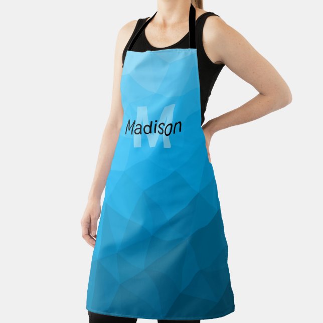 Blue cyan gradient geometric mesh pattern Monogram Apron (Insitu)