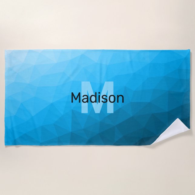 Blue cyan gradient geometric mesh pattern Monogram Beach Towel (Front)