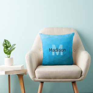 Blue cyan gradient geometric mesh pattern Monogram Cushion
