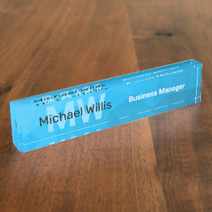 Blue cyan gradient geometric mesh pattern Monogram Nameplate