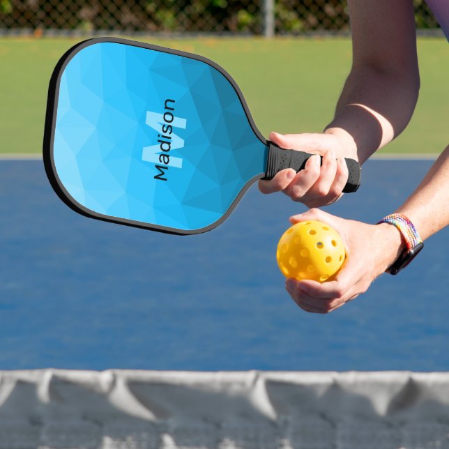 Blue cyan gradient geometric mesh pattern Monogram Pickleball Paddle (Insitu)