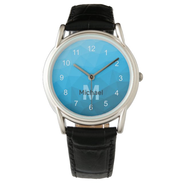 Blue cyan gradient geometric mesh pattern Monogram Watch (Front)