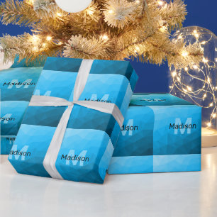 Blue cyan gradient geometric mesh pattern Monogram Wrapping Paper