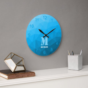 Blue cyan gradient Geometry Mesh Pattern Monogram Large Clock