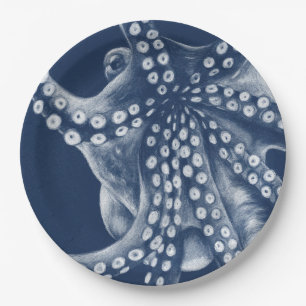 Blue Cyan Octopus Art Paper Plate