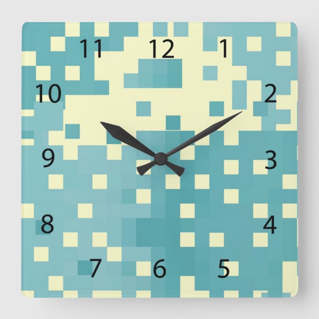 Blue & Cyan Pixel Pattern Square Wall Clock (Front)