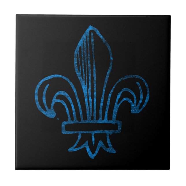 Blue / Cyan Worn Fleur de Lis Ceramic Tile (Front)