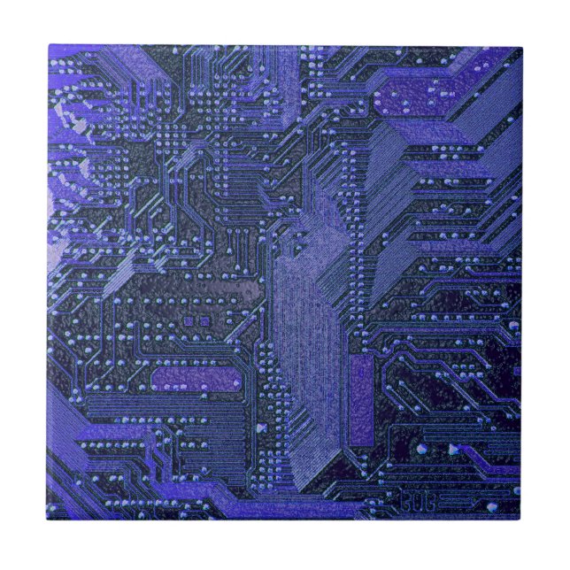 Blue Cyber Circuit Board Tech Art Electronics Ceramic Tile (Front)