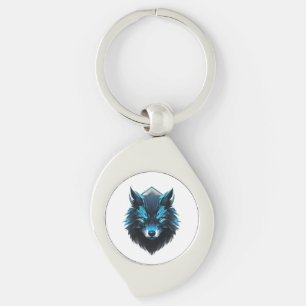 Blue Cyber Wolf Graphic Key Ring