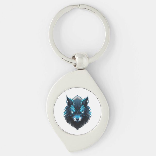 Blue Cyber Wolf Graphic Key Ring (Front)
