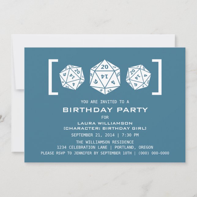 Blue D20 Dice Gamer Birthday Party Invite (Front)