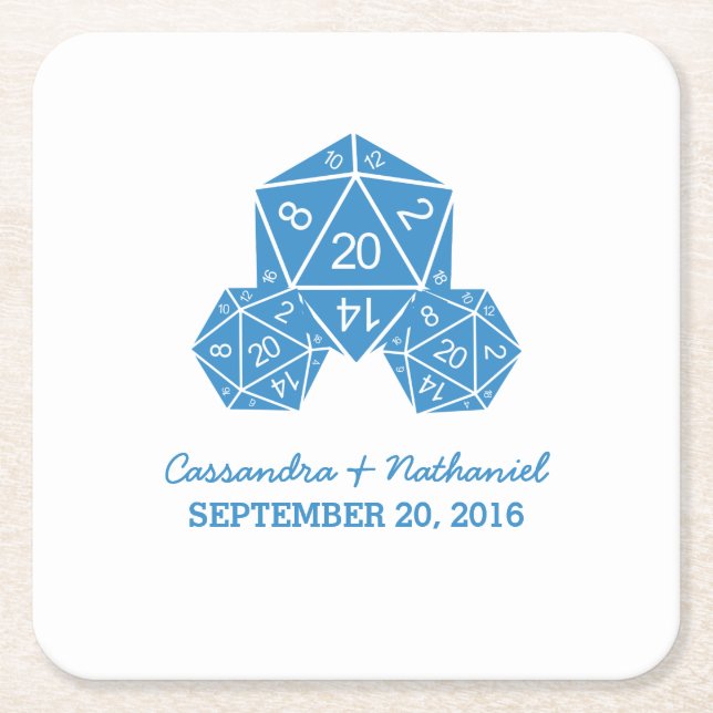 Blue D20 Dice Wedding Paper Coasters (Front)