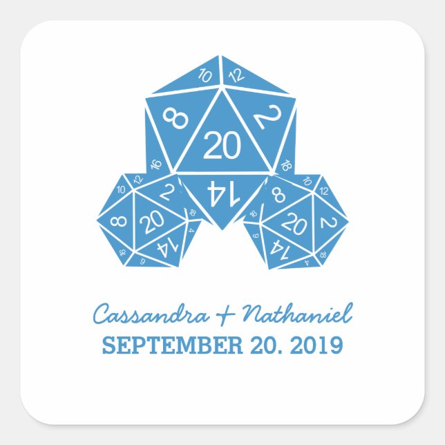 Blue D20 Dice Wedding Stickers (Front)