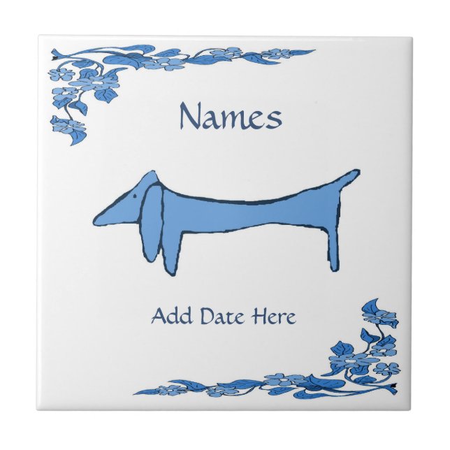 Blue Dachshund  Tile, Dutch Look, Personalise Ceramic Tile (Front)