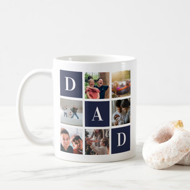 Blue Dad Colorblock Six Photo Collage Personalised Coffee Mug (With Donut)