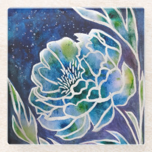 Blue Dahlia Navy Teal Celestial Floral Watercolor Glass Coaster