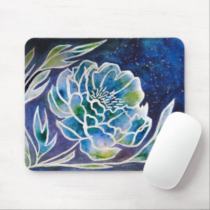 Blue Dahlia Navy Teal Celestial Floral Watercolor  Mouse Pad