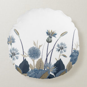Blue Dahlias Cornflower Round Cushion