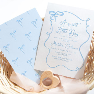 Blue dainty bow wavy baby boy shower invitation