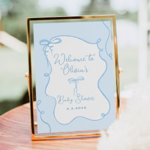 Blue dainty wavy bow baby shower welcome poster