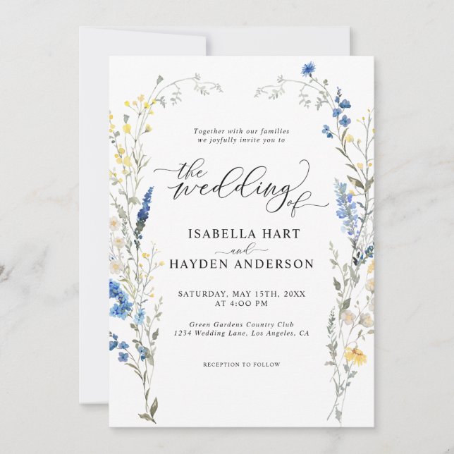 Blue Dainty Wild Floral DustyMediterranean Wedding Invitation (Front)