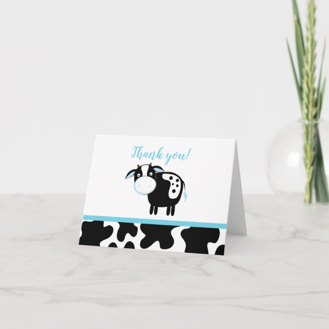 Blue Dairy Cow Boy Farm Baby Shower Thank you note (Front)