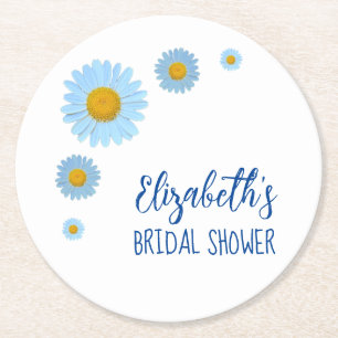 Blue Daisies Floral Bridal Shower Round Paper Coaster