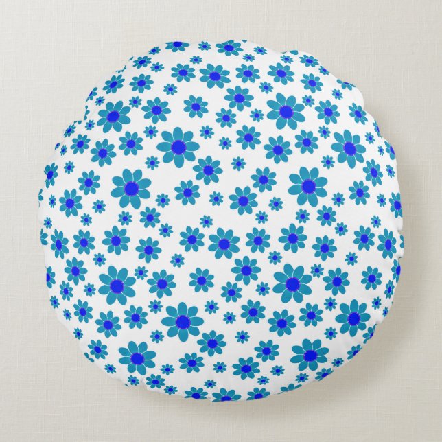 Blue Daisies | Floral Repeating Daisy Pattern Round Cushion (Front)