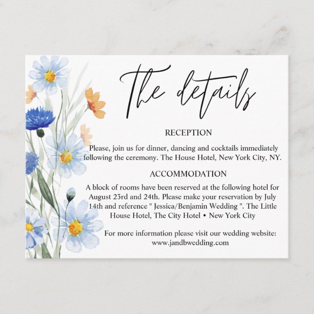 Blue Daisies Floral Wedding Details Enclosure Card (Front)
