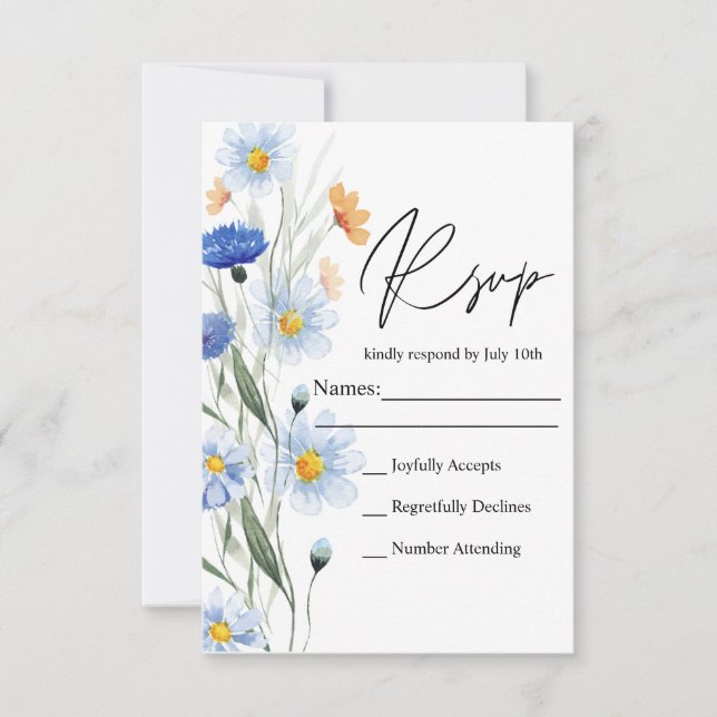 Blue Daisies Floral Wedding  RSVP Card (Front)