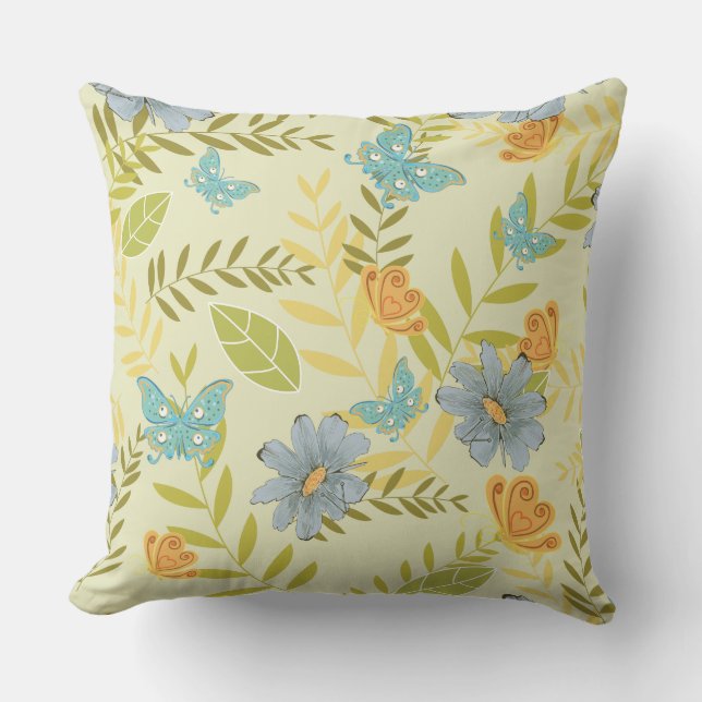 Blue Daisies Orange Butterflies Throw Pillow (Front)
