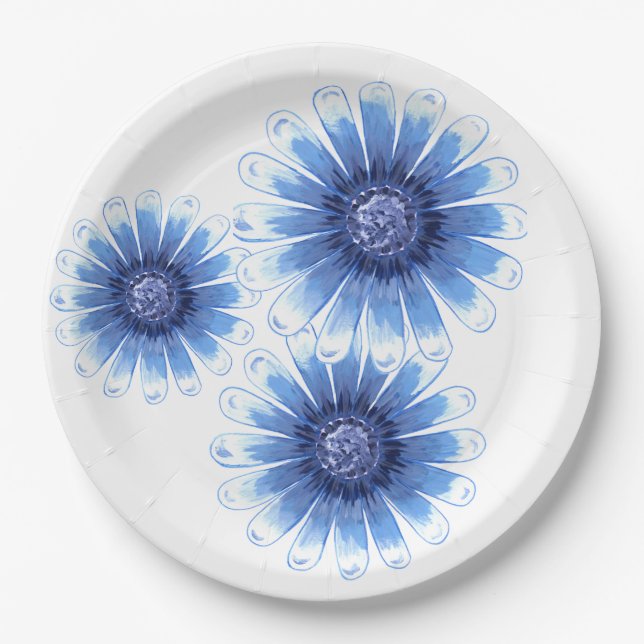 Blue Daisy 3 Flower Paper Plate (Front)