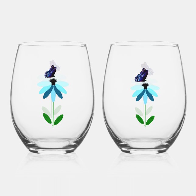 Blue Daisy And Butterfly Wine Glass Set (Back)