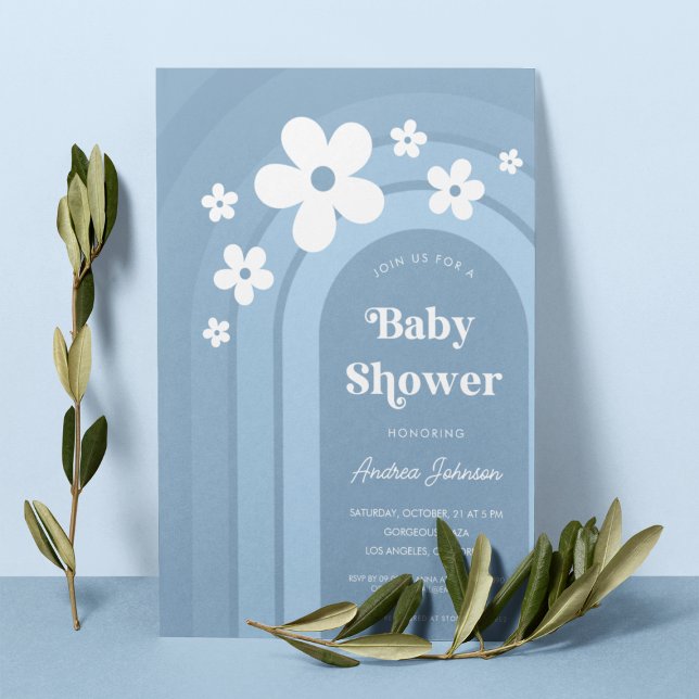 Blue Daisy Boho Rainbow Ombre 70s Baby Shower Invitation (Creator Uploaded)