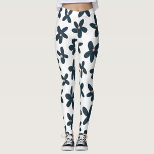 Blue Daisy Floral Cute Workout Running Leggings