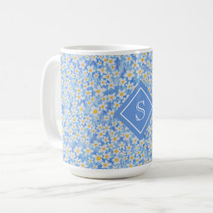 Blue Daisy Floral Pattern Monogram Coffee Mug