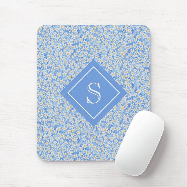 Blue Daisy Floral Pattern Personalised Mouse Pad (With Mouse)