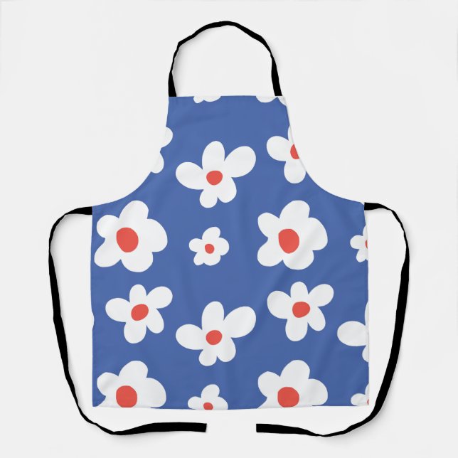 Blue Daisy Floral Pattern Playful Flower Art Apron (Front)