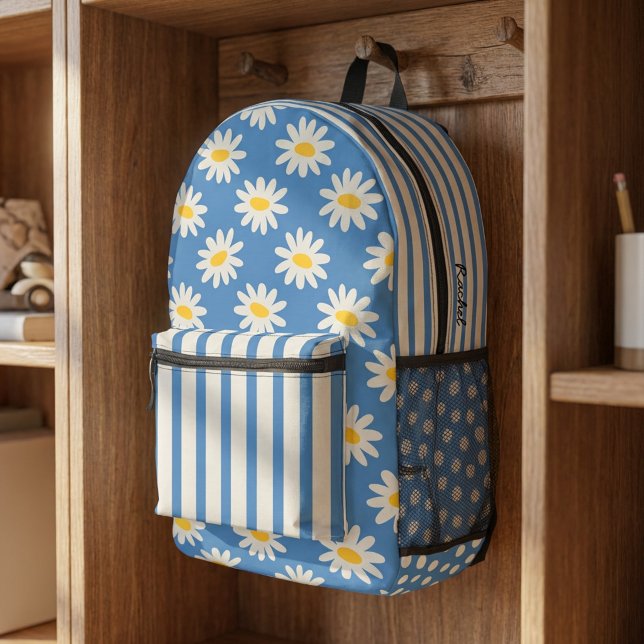Blue Daisy Floral & Retro Striped Personalised Printed Backpack (Personalized Daisy and Stripe Backpack)