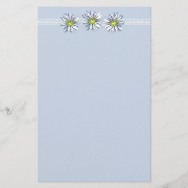 Blue Daisy Flower Drawing Border Stationery (Front)
