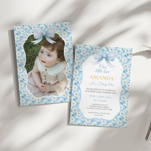 Blue Daisy Flower Fancy ONE Girl Birthday Invitation (Creator Uploaded)