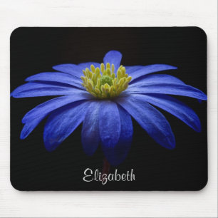 Blue Daisy Flower on Black Personalised Mouse Pad