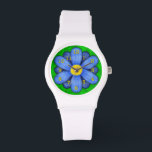 Blue Daisy Flower on Green Beautiful Watch<br><div class="desc">This pretty floral wristwatch has an original stylised flower, in a daisy style and coloured blue. The yellow-orange watch numbers mark the time on the twelve petals. The background is done in an abstract mottled green, resembling grass. This is a bright, bold watch and would make a unique gift for...</div>