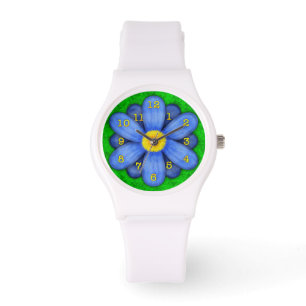 Blue Daisy Flower on Green Beautiful Watch