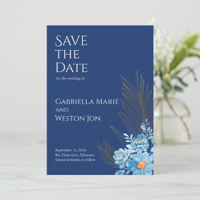 Blue Daisy Flowers Wedding Save the Date Invitation (Standing Front)