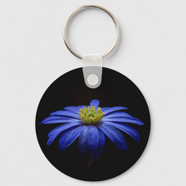 Blue Daisy Gerbera Flower on a Black background Key Ring (Front)