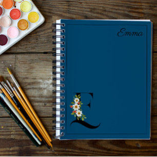 Blue daisy hibiscus watercolor initial Notebook