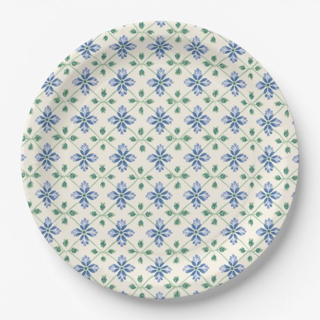 Blue Daisy & Leaf Garden Pattern Paper Plates (Front)